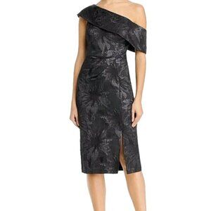 $350 Aidan Mattox Foldover One-Shoulder Floral Jacquard Dress‎ in Black, Size 8